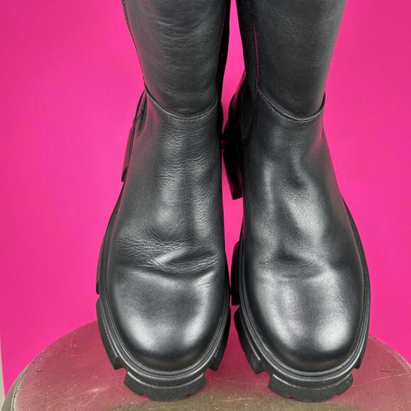 Aqua Trixy Black Leather Chunky Lug Sole Mid Calf Pull-On Boot US 6.5 - Picture 3 of 7